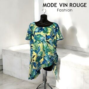 Mode Vin Rouge, Tropical Tunic With Asymmetrical Hem, Medium, Blue, Yellow